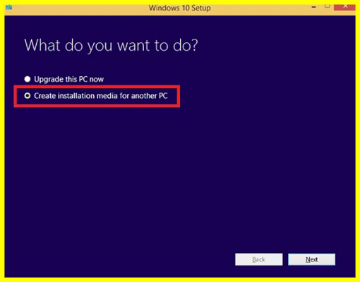 chon create installtion media for another pc va nhap vao next