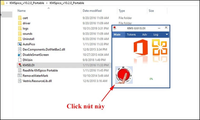 Nhấn vào nút màu đỏ trên ứng dụng của KMSpico