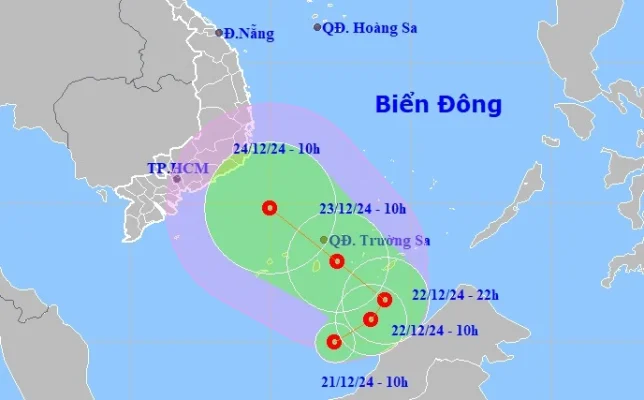 Áp thấp nhiệt đới hình thành trên Biển Đông trưa 21/12.