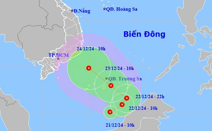 Áp thấp nhiệt đới hình thành trên Biển Đông trưa 21/12.